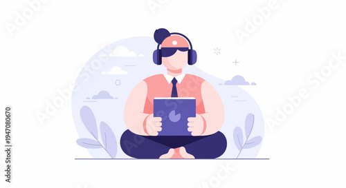 Person in headphones sits cross-legged, holding a tablet, with abstract background