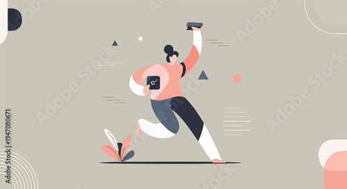 Minimalist illustration of a person running with a device and plants