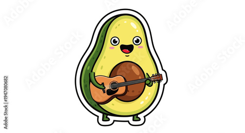 Cute Avocado Character Playing Guitar