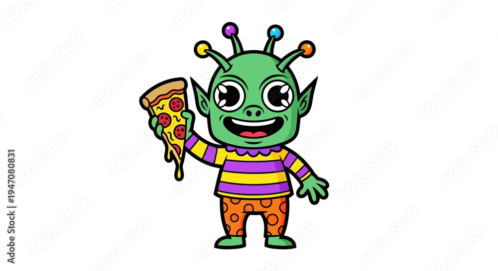 Obraz premium Cute Cartoon Alien Holding Pizza Slice, Funny Extraterrestrial Character Eating Pizza
