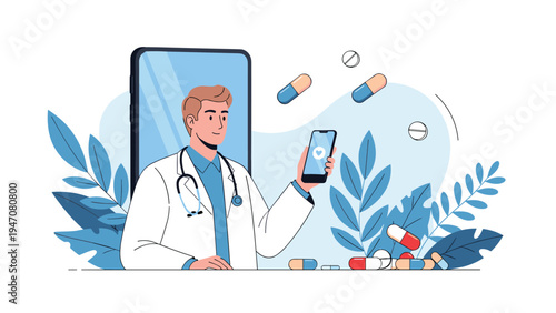 Professional doctor appearing on a large smartphone screen holding a mobile device surrounded by floating medical pills and capsules.