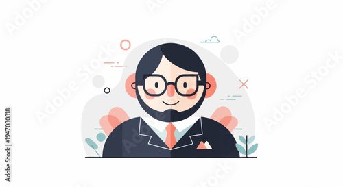 Flat illustration of a suited person with glasses and beard against abstract background