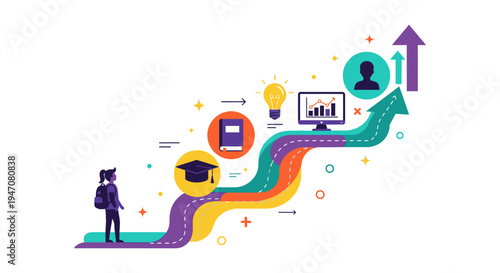 Career Path and Educational Success Journey. Personal Development Roadmap with Learning Milestones and Growth Arrow.