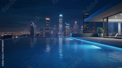 Rooftop Pool at Night Overlooking City Skyline