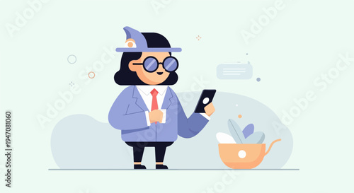 Cheerful character in business attire, wearing a hat, holding a phone and cup