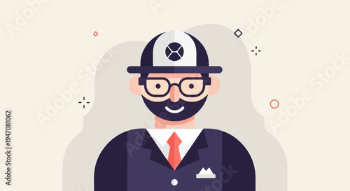 Minimalist character portrait with stylish hat, glasses, and suit
