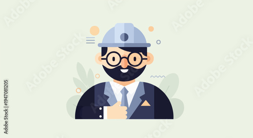 Animated businessman with hard hat and glasses gives thumbs up