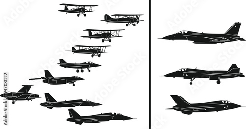 Evolution of military aircraft silhouettes showing transition from vintage biplanes and early jets to modern fighter planes, highlaerodynamics, and technological progression in design.