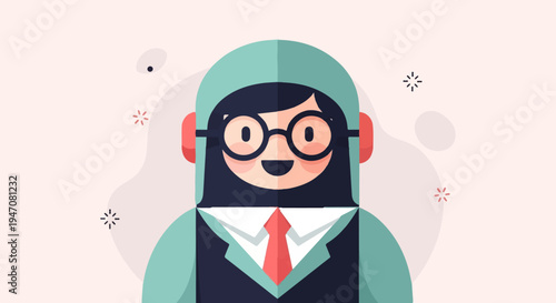 Friendly cartoon person in a suit, glasses, and headphones on a pastel background