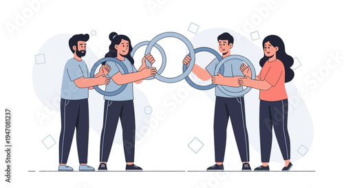 Teamwork concept: four people connecting rings, symbolizing collaboration and unity