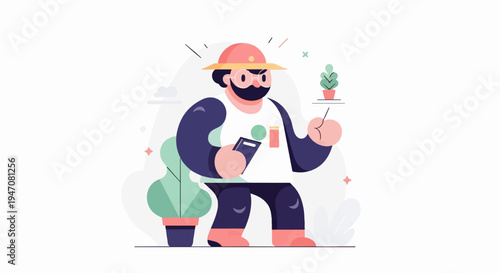Flat illustration of a character tending to plants with a hat and glasses
