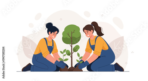 Two women planting a tree, environmental conservation and teamwork concept