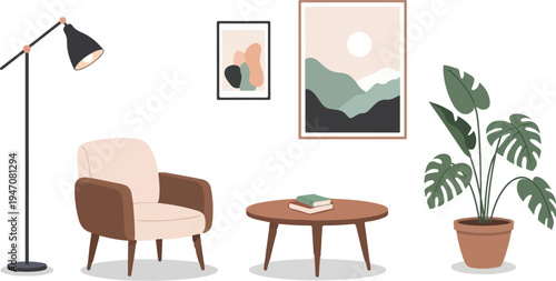 Minimalist room interior with armchair, coffee table, floor lamp, and plant
