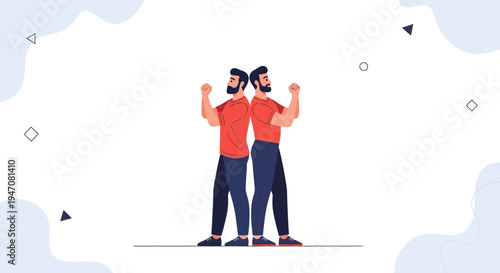 Two men standing back to back, flexing muscles, teamwork, strength, partnership, illustration