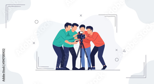 Group of friends filming a video with a camera on a tripod, creative team working together