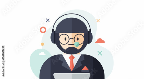 Flat design illustration of a bearded person with glasses and headphones