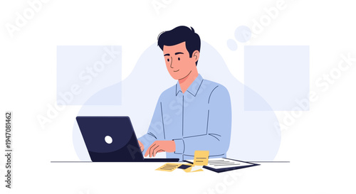 Young Man Working on Laptop at Desk, Focused on Task, Business Concept