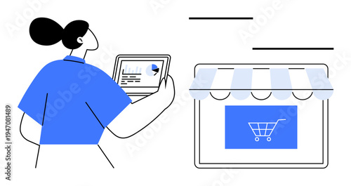 Online shopping, e-commerce, digital business, marketing strategies, online payments, retail technology. Woman holding tablet next to storefront with shopping cart. Online shopping and e-commerce