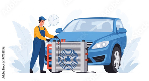 Mechanic with car air conditioner.