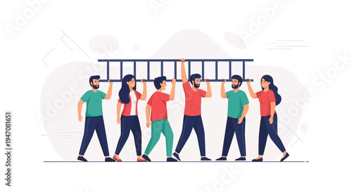 Team carrying ladder, symbolizing teamwork, collaboration, and achieving goals together