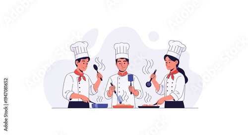 Three Chefs Cooking Together in a Kitchen