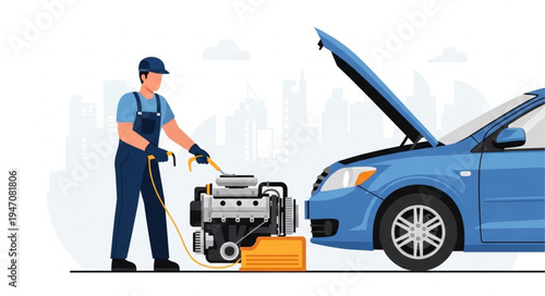 Mechanic with car and tools.