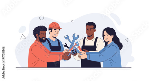 Diverse team of workers collaborating with tools, teamwork, industry concept