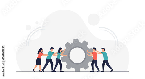 Teamwork Concept: People Pushing a Gear Together, Business Collaboration and Synergy