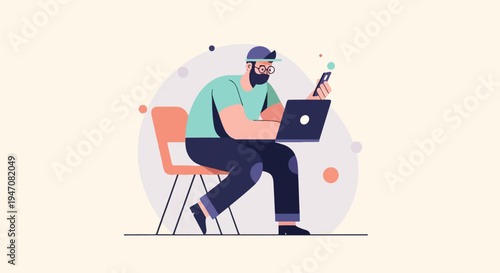 Man sits at chair using laptop and phone, surrounded by abstract shapes
