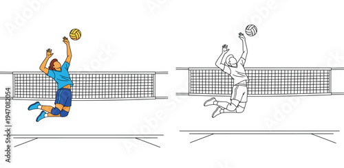 Vector illustration of a female volleyball player jumping to spike the ball over the net, featuring both colored and black-and-white line art versions.