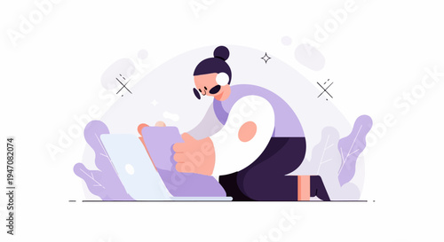 Person in headphones on knees with laptop, holding tablet