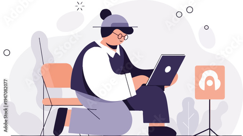 Elderly person wearing glasses using laptop, seated, with chair and icon
