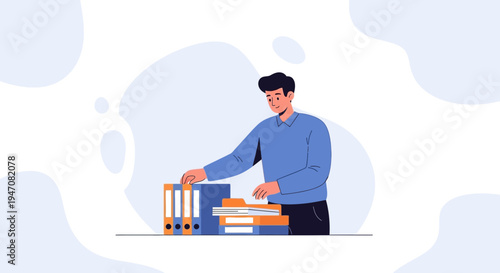 Man organizing files and documents in office, business workflow concept