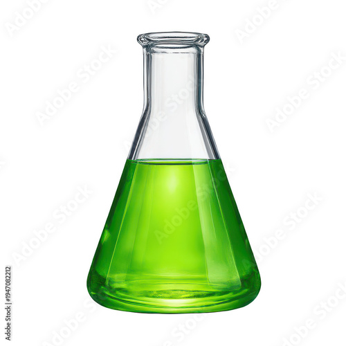 Erlenmeyer flask with bright green liquid half full isolated on a transparent background