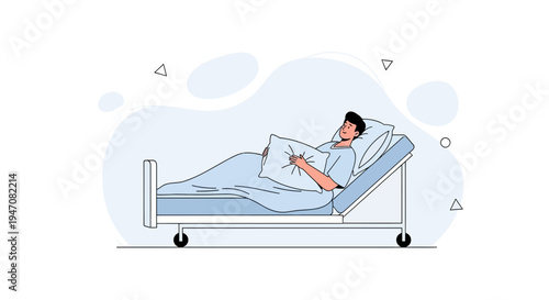 Man Lying in Hospital Bed Holding Pillow, Medical Care Concept