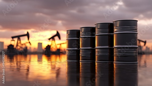 Oil Pumpjacks and Barrels at Sunset Reflecting on Water.