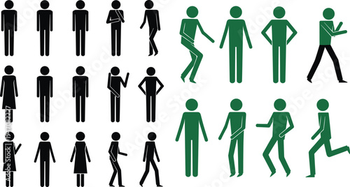 Stylized human figures in dynamic and static poses, black and green silhouettes representing gestures, movement, walking, running, waving, standing, expressive posture illustr