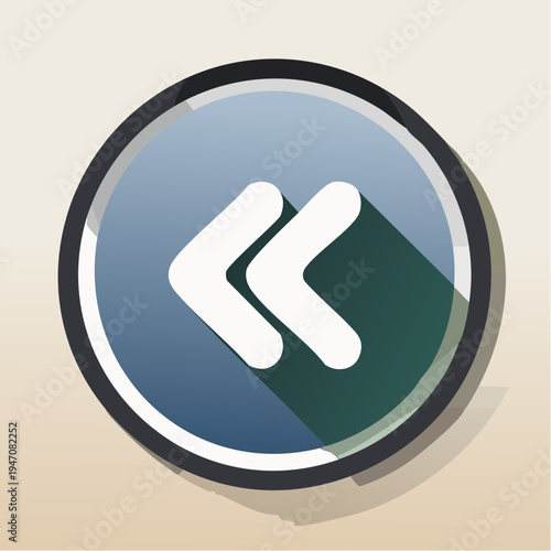 Simple flat design vector graphic illustration of a circular media control button featuring double left angle brackets indicating fast rewind or skip back navigation symbol
