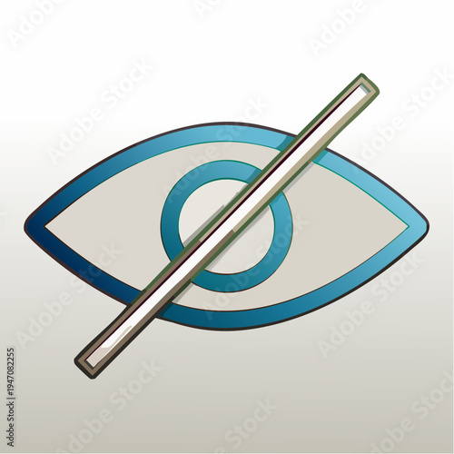 This vector graphic illustration features a modern stylized eye icon with a diagonal line through it, representing concepts like hidden, invisible, private, off, or disabled view functionality 