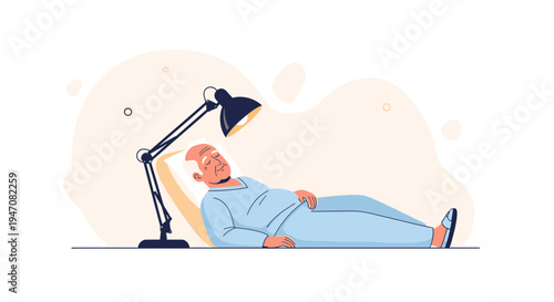 Elderly man undergoing phototherapy treatment under a lamp in a hospital bed