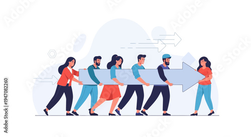 Teamwork and Collaboration: People Carrying a Giant Arrow Forward