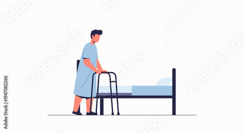 Patient with walker near hospital bed, rehabilitation and recovery concept
