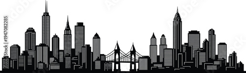 Urban city skyline silhouette with skyscrapers and suspension bridge, modern metropolitan downtown architecture isolated on light background, global cityscape illustration for travel