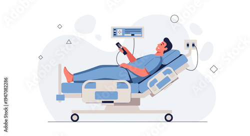 Man in Hospital Bed with Remote Control and Medical Monitor