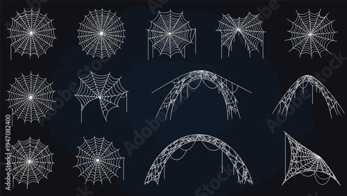 Collection of white spider webs and cobwebs in different architectural forms isolated on a dark background for spooky halloween theme.