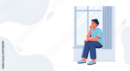 Man sitting by window, looking out thoughtfully, illustration, blue tones