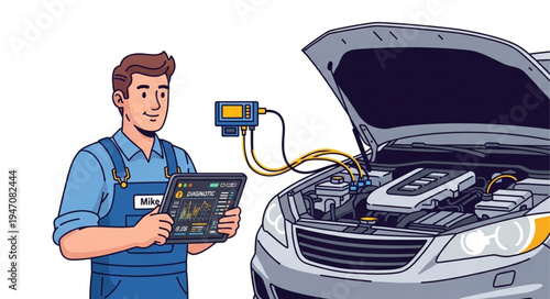 Mechanic with car diagnostic tool.