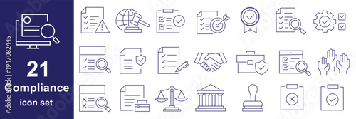 Compliance web icons in line style. Regulations, policy, legal document, quality control, responsibility, law. Editable stroke. Vector illustration.