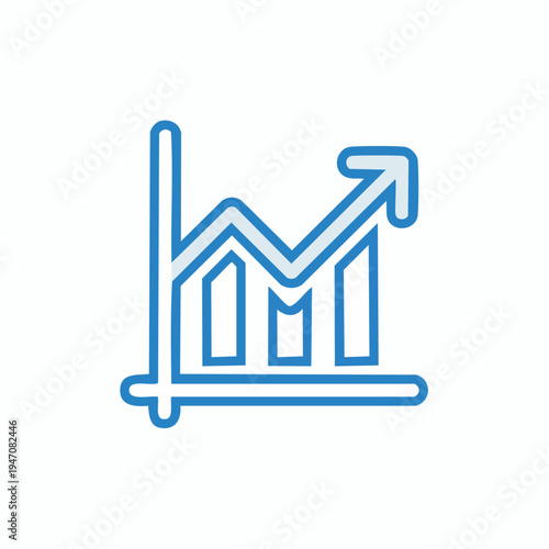 A clean vector graphic illustration depicting a blue bar chart with an upward trend line and arrow, symbolizing business growth, financial success, market increase, data analysis
