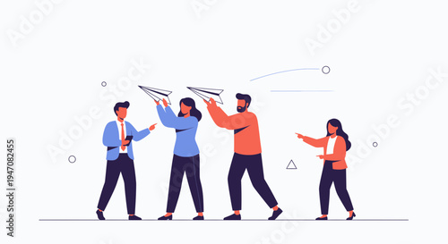 Team launching paper airplanes, symbolizing teamwork, communication, and new ideas.